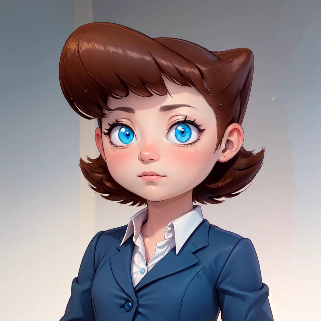 solo, 1girl, portrait, Lila test, formal, blue suit, jacket,  blue eyes, brown hair, white shirt, short hair,   <lora:Lila_Test_Leaf2AnyV2_0606:0.65>, gradient background,