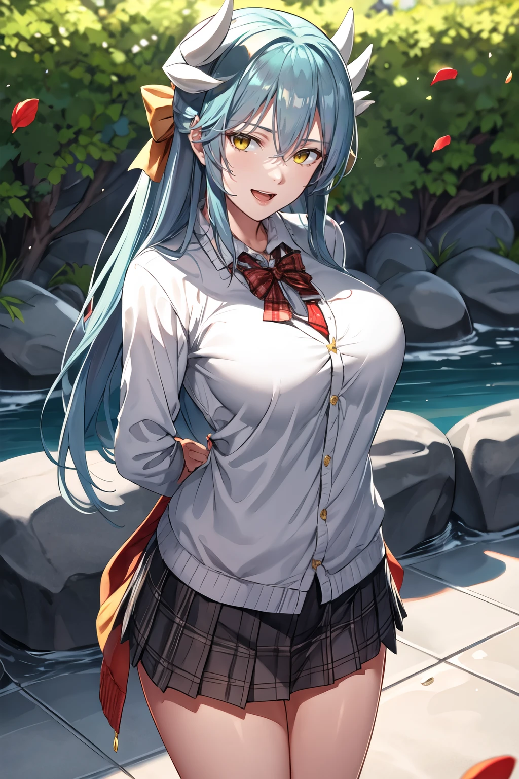 masterpiece, best quality, highres, aakiyo, long hair, aqua hair, white horns, hair bow, yellow bow, yellow eyes, <lora:kiyohime_(lancer)_v1:0.7>, cardigan, plaid skirt, arms behind back, smile, open mouth, petals, outdoors, big breasts <lora:neropaso-style_926120:1>