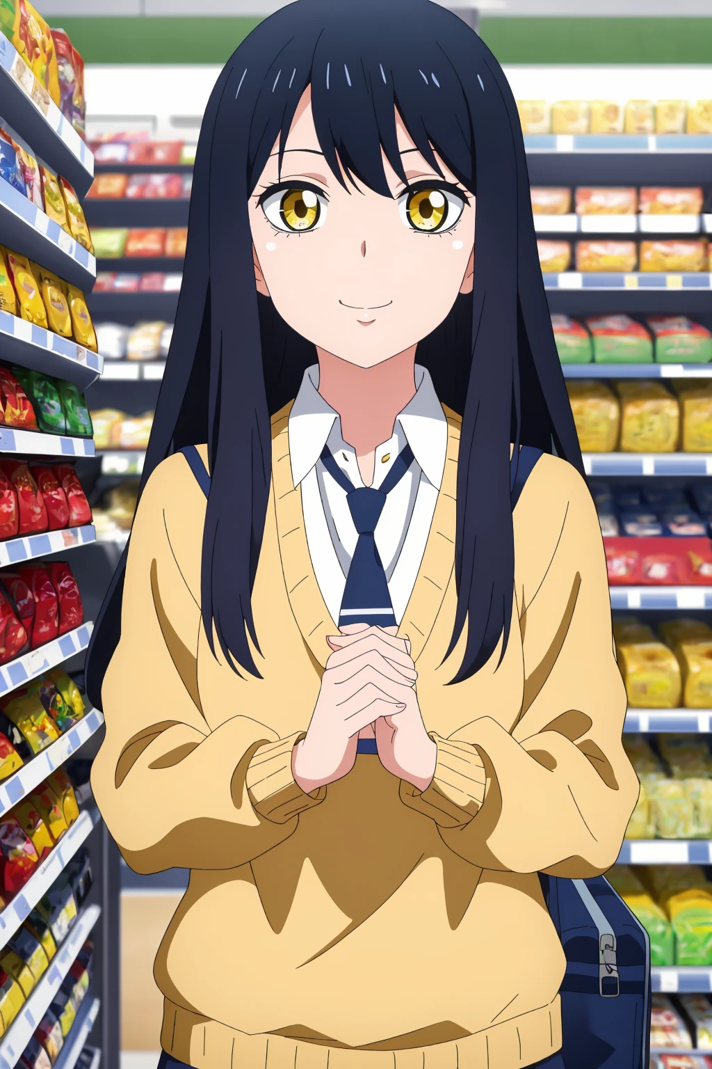 ((best quality)),((highly detailed)),masterpiece,absurdres,detailed face,beautiful face,(detailed eyes, deep eyes),(1girl),((dynamic pose)), 1girl, <lora:MikoV1.4-000010:0.7>,miko, 1girl, solo, long hair, yellow eyes, bag, school uniform, black hair, blue hair, school bag, necktie, sweater, looking at viewer, multicolored hair, supermarket , cowboy shot,hands together, smile,
