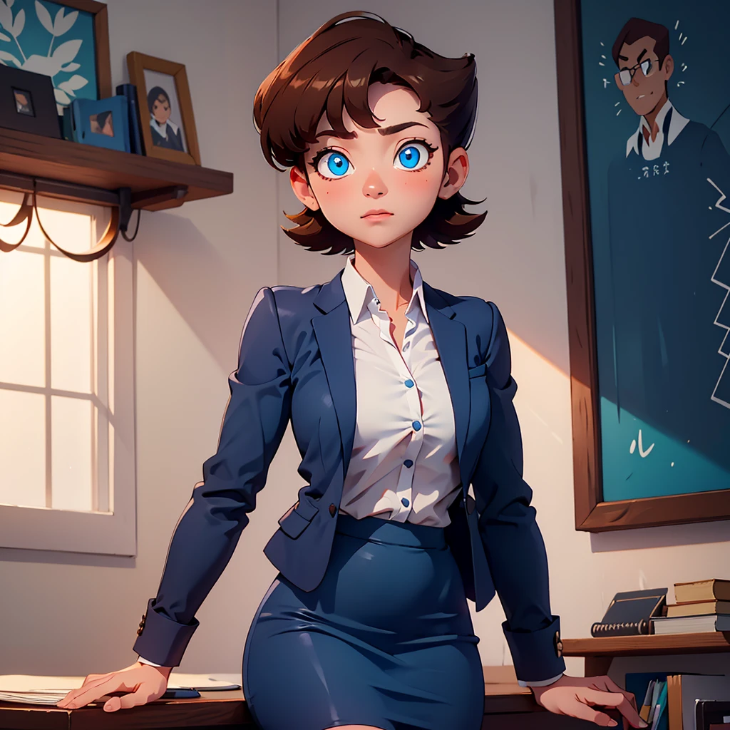 solo, 1girl, Lila test, formal, suit, jacket, blue skirt, pencil skirt , blue eyes, brown hair, white shirt, short hair,  <lora:Lila_Test_Leaf2:0.6>,