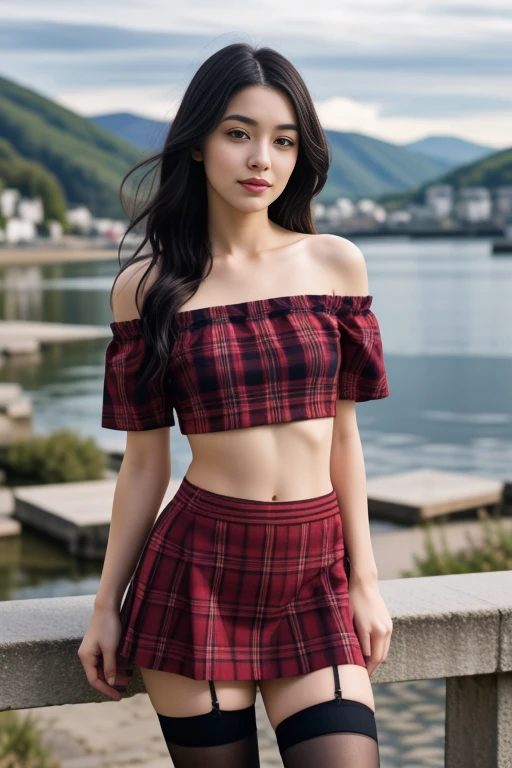 1 woman, 22yo, realistic, masterpiece, high detailed skin, looking at viewer, full body shot, scenic view, long hair, black hair
microskirt, thighhighs, red plaid skirt, red plaid off shoulder crop top , fishnets<lora: