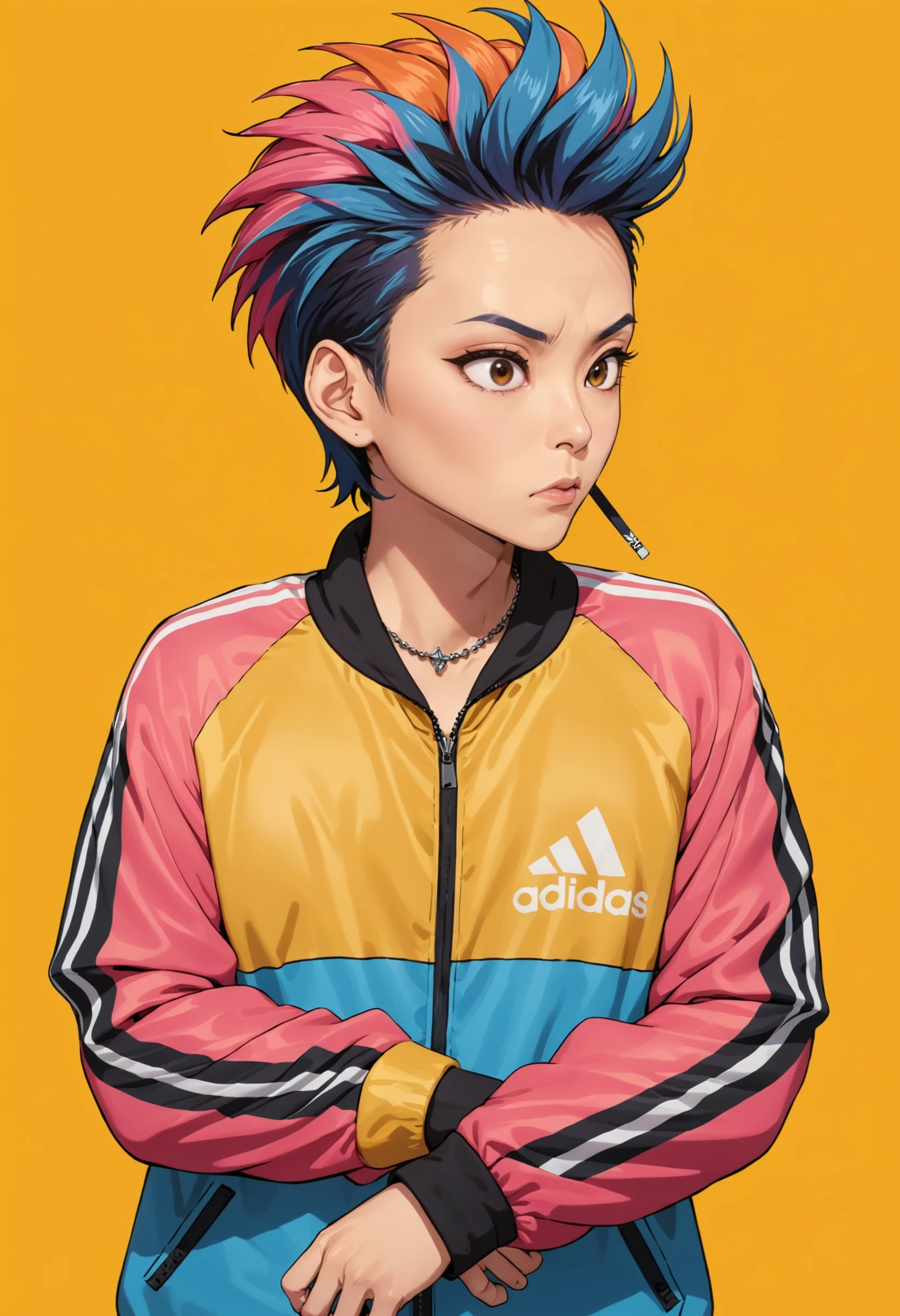 Hideto Matsumoto, a man with pink and black faux hawk and a blue and yellow striped adidas windbreaker jacket, gradient yellow and orange background, Chen Jiru, vivid, a screenshot, neo-dada rock star magazine  illustration, masterpiece, official art,  <lora:hide_SDXL:0.6>