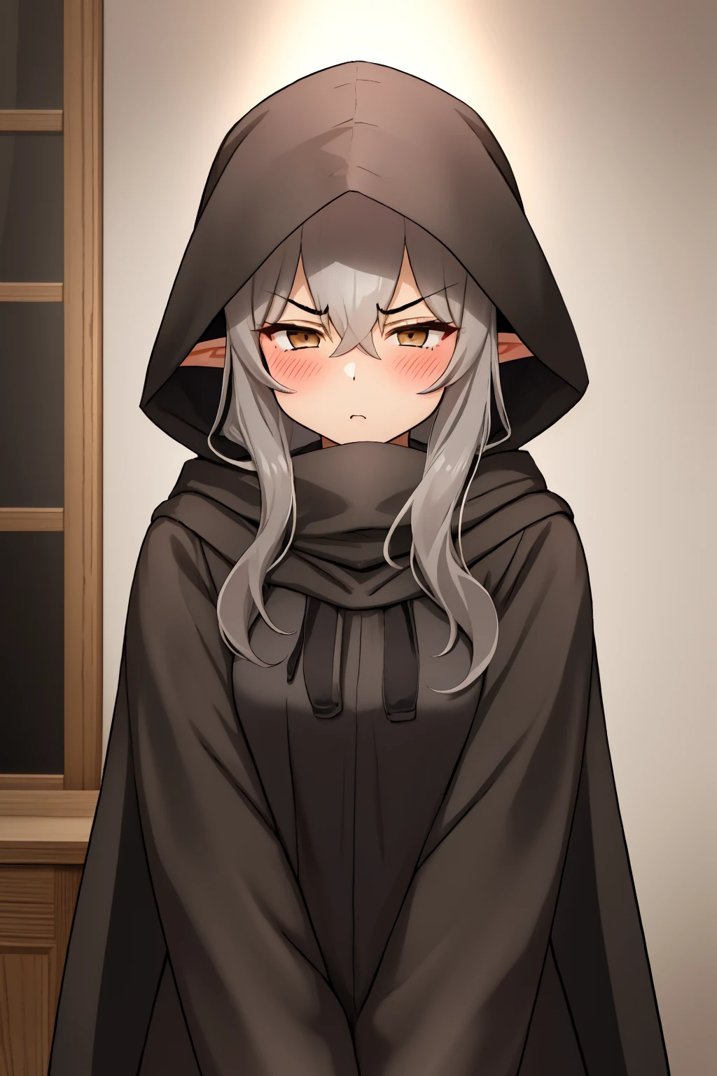 1girl, solo, long hair, looking at viewer, blush, angry, bangs, hair between eyes, brown eyes, grey hair, pointy ears, half-closed eyes, cloak, heavy breathing, hood up, hooded cloak, black cloak,  indoors <lora:Jirooo:0.8>