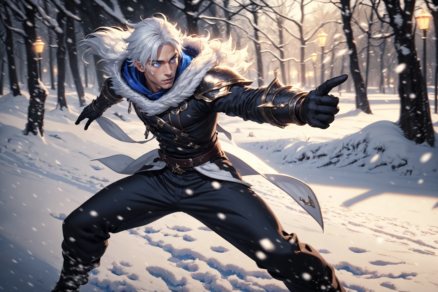LoL Style, 1boy, armor, black pants, blue eyes, fighting stance, gloves, glowing, hood, male focus, outdoors, pants, short hair, snow, solo, weapon, white hair, wide shot, LimitBreakStyler, <lora:LeagueStyles:0.8>