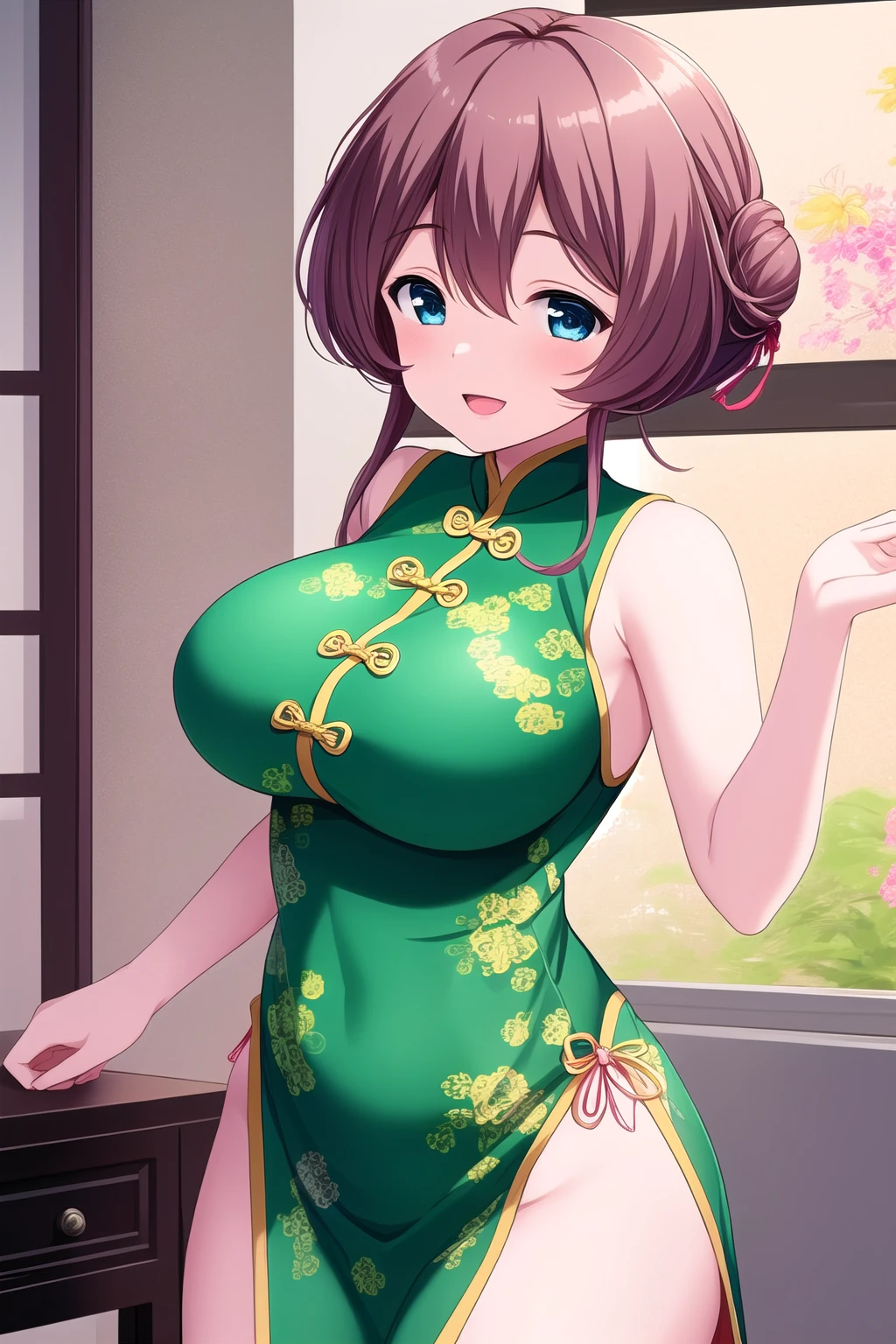 (masterpiece:1.2), (best quality:1.2), perfect eyes, perfect face, volumetric lighting, 1girl, mature female wearing edghanfu, edghanfu, short black hair, top knot, black and gold clothes, smiling, hands joined in front, green eyes, huge breasts, tight fit, floral pattern, fish pattern, silk, embroideries, long nails, makeup, thick eyelashes, rings, standing in a chinese garden, detailed background, midday <lora:hanfusionDesign_v10:0.8> <lora:fellatrixStyle_v1:0.6>