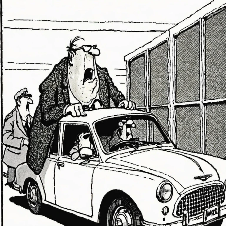 a black and white newspaper comic illustration of Herman, a car by Jim Unger <lora:Herman_Style_XL:1>