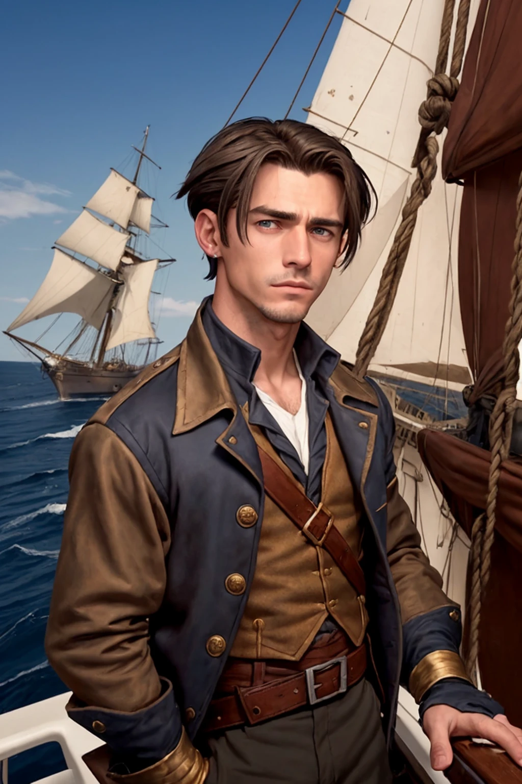 RAW photograph, Jim Hawkins standing on a sailship, male, masculine face, gold earring, 15 years old, short hair, short ponytail, brown hair, narrow face, blue-gray eyes, brown jacket, looking at viewer, face shot, hair bangs, renaissance era