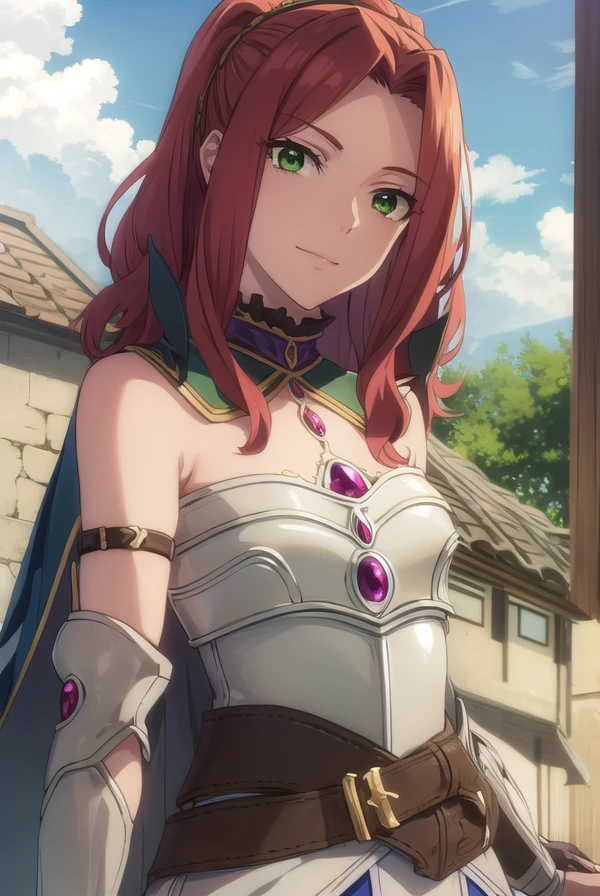 maltymelromarc, <lora:malty melromarc s1s2s3-lora-nochekaiser:1>,
malty melromarc, long hair, (green eyes:1.3), red hair, (parted bangs:1.5), ponytail, smile, grin,
BREAK bare shoulders, belt, cape, armor, breastplate,
BREAK outdoors, forest, nature, sky, sun, clouds,
BREAK looking at viewer, (cowboy shot:1.5),
BREAK <lyco:GoodHands-beta2:1>, (masterpiece:1.2), best quality, high resolution, unity 8k wallpaper, (illustration:0.8), (beautiful detailed eyes:1.6), extremely detailed face, perfect lighting, extremely detailed CG, (perfect hands, perfect anatomy),