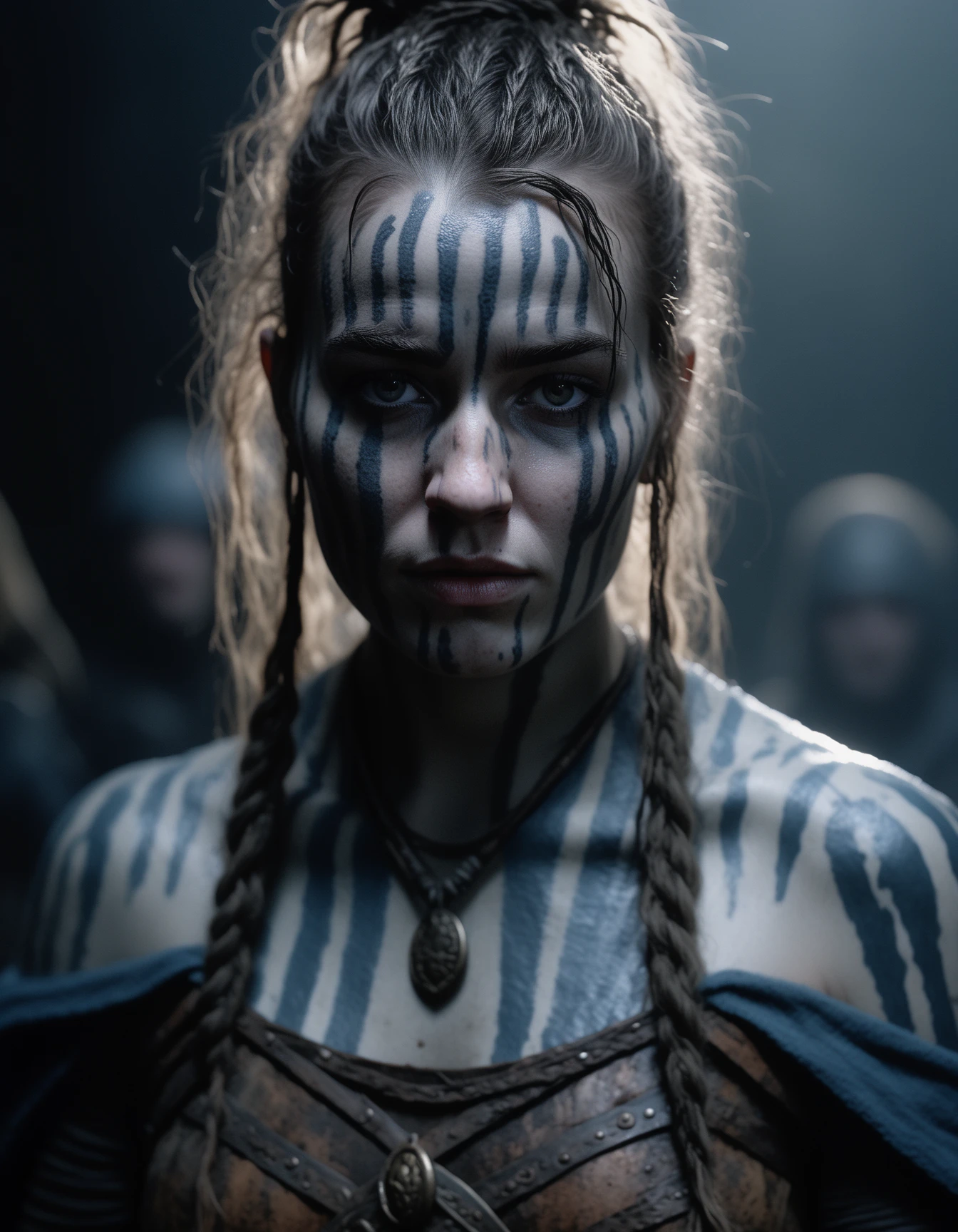 cinematic photo analog style portrait of Close-up of ((woman)) in Hellblade: Senua's Sacrifice, emerging from black mud, long hair with dreads, war blue paint, paint fading, angry expression, dirty face, finely detailed eyes, moody, viking clothes, epic scene, epic composition, Photography, Cinematic Lighting, Volumetric Lighting, ethereal light, intricate details, extremely detailed volumetric rays  . Analog-style aesthetic, Retro, scanlines, Video noise, Vignette effect, Color bleeding, Chromatic aberration, Low-resolution, Retro color palette
