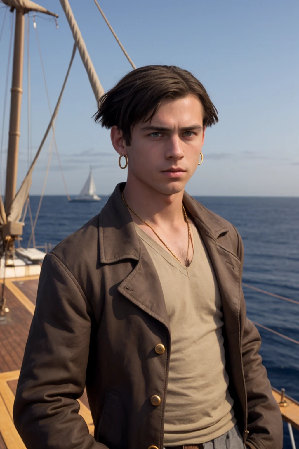 RAW photograph, Jim Hawkins standing on a sailship, male, masculine face, gold earring, 15 years old, short hair, short ponytail, brown hair, narrow face, blue-gray eyes, brown jacket, looking at viewer, face shot, hair bangs, renaissance era