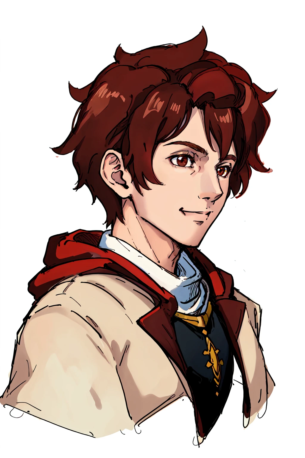 Duskfallcrew Art Style, solo, smile, simple background, brown hair, 1boy, white background, brown eyes, male focus, portrait, profile, white shirt, red cloak, masterpiece, official art, best quality, absurdres , <lora:DuskArtV7:0.8>