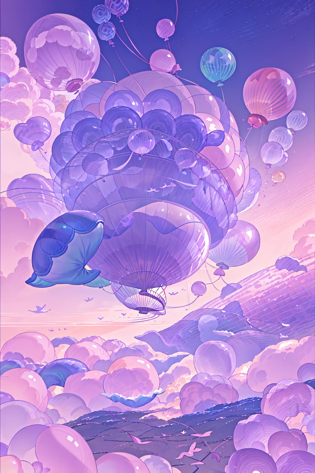 <lora:Patterns:1> PatterndskStyle, PatterndskStyle, a group of whales floating in the sky with balloons, no humans, pink and purple theme, masterpiece, official art, absurdres, 32k UHD, 4 point perspective, vantage point