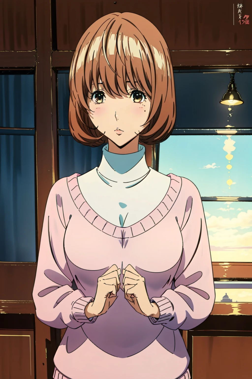 (best quality:1.3), (masterpiece:1.3) 1girl, <lora:aokiyuriko-10:1> aokiko, pink sweater, white turtleneck,