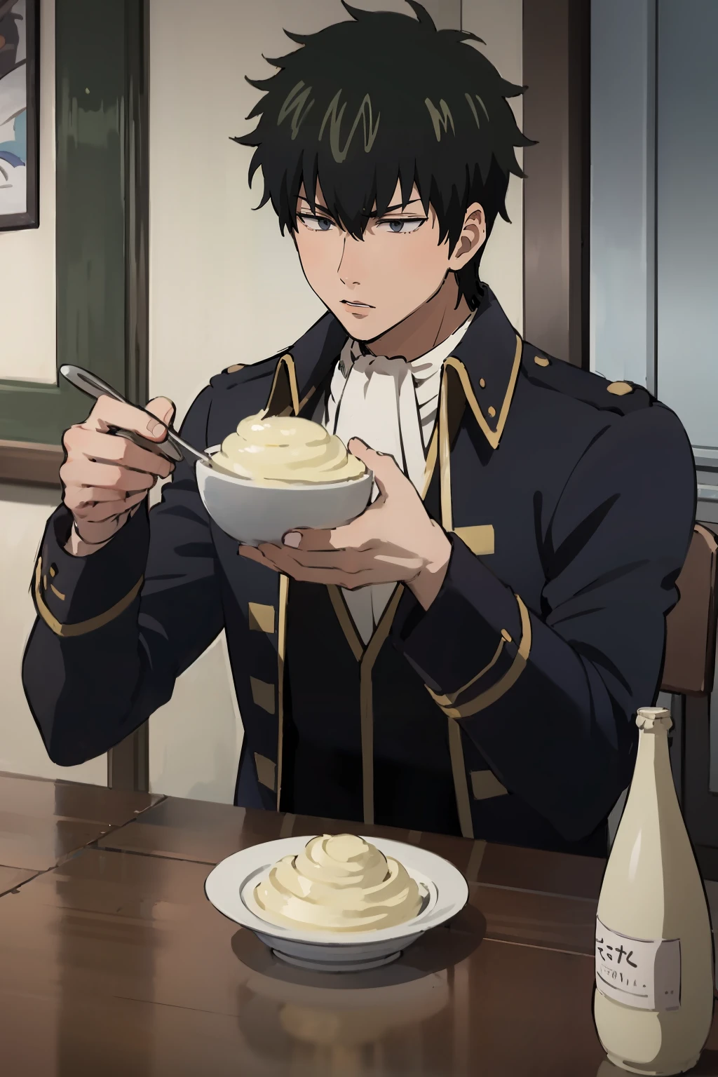 masterpiece,high quality,highres,solo,1boy,<lora:Hijikata-v4-wasabiya:1>,hijikata,male focus,grey eyes,black hair,mayonnaise,bowl,sitting,table,dinner,holding,mayonnaise bottle,uniform,black jacket,ascot,