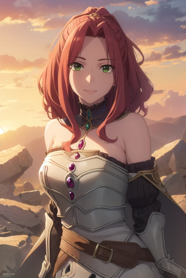 maltymelromarc, <lora:malty melromarc s1s2s3-lora-nochekaiser:1>,
malty melromarc, long hair, (green eyes:1.3), red hair, (parted bangs:1.5), ponytail, smile, grin,
BREAK bare shoulders, belt, cape, armor, breastplate,
BREAK outdoors, forest, nature, sky, sun, clouds,
BREAK looking at viewer, (cowboy shot:1.5),
BREAK <lyco:GoodHands-beta2:1>, (masterpiece:1.2), best quality, high resolution, unity 8k wallpaper, (illustration:0.8), (beautiful detailed eyes:1.6), extremely detailed face, perfect lighting, extremely detailed CG, (perfect hands, perfect anatomy),