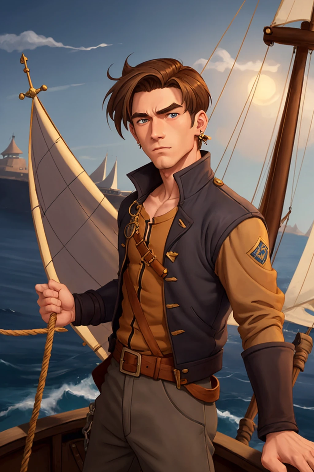 2d animation, hand-drawn cartoon, Jim Hawkins standing on a sailship, male, masculine face, gold earring, 15 years old, short hair, short ponytail, brown hair, narrow face, blue-gray eyes, brown jacket, looking at viewer, face shot, hair bangs, renaissance era