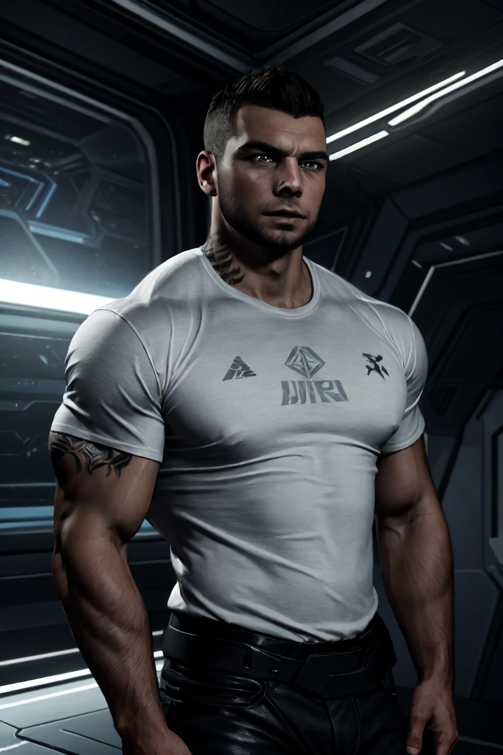 James Vega,  solo,  extreme short mohawk hair,  black hair,  brown eyes,  tan skin,  facial hair,  1boy,  tatoo,  (fit pure white-grey undershirt:1.2),  muscular,  bulky,  shiny skin,  handsome,  charming,  alluring,  intense gaze,  standing,  (upper body in frame),  Mass Effect location,  futuristic,  space ship,  dark atmosphere,  cinematic light,  perfect anatomy,  perfect proportions,  perfect perspective,  8k,  HQ,  HD,  UHD,  (best quality:1.2,  hyperrealistic:1.2,  photorealistic:1.2,  madly detailed CG unity 8k wallpaper:1.2,  masterpiece:1.2,  madly detailed photo:1.2),  (hyper-realistic lifelike texture:1.2,  realistic eyes:1.2),  picture-perfect face,  perfect eye pupil,  detailed eyes,  front view, best quality,<lora:EMS-498-EMS:0.200000>,<lora:EMS-267148-EMS:1.000000>