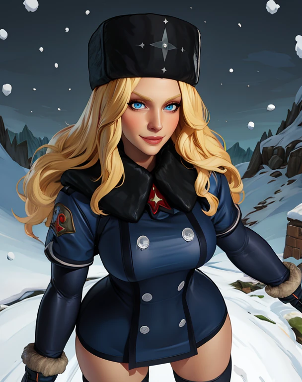 kolin,blonde hair,blue eyes,long hair,
ushanka,coat,fur trim,blakc black thighhighs,boots,
standing,upper body,
russia,snow,base,smile,
(insanely detailed, beautiful detailed face, masterpiece, best quality),solo,<lora:kolin:0.8>,