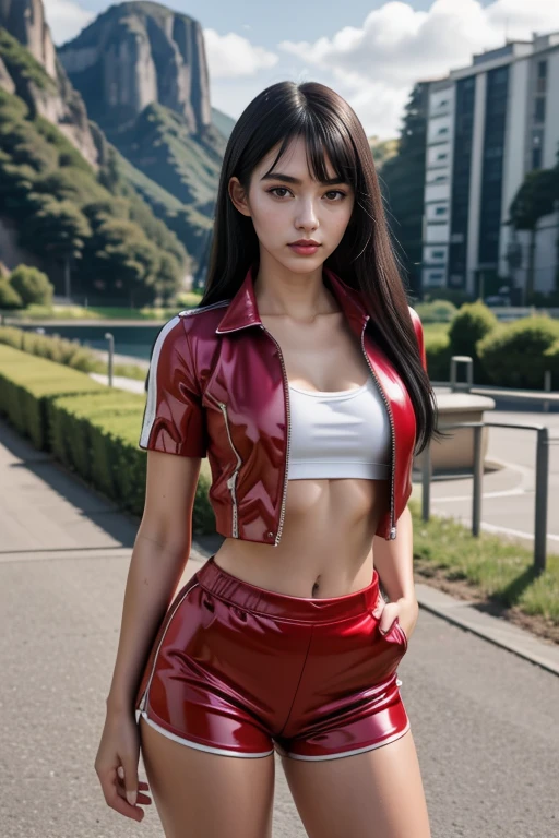 1 woman, 22yo, realistic, masterpiece, high detailed skin, looking at viewer, full body shot, scenic view, long hair, black hair
<lora:Latex_Jacket_Shorts_By_Stable_Yogi:1>
short sleeves, collarbone, (latex red shorts, shirt, jacket)