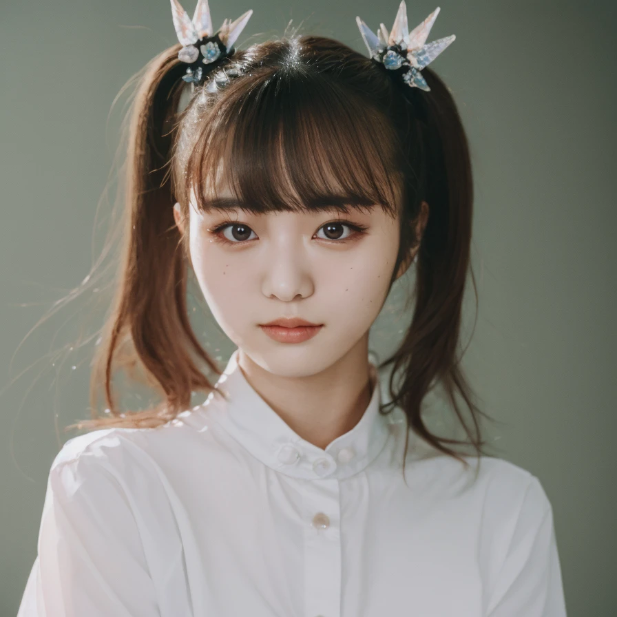 1girl,masterpiece, photorealistic, detailed, RAW color photo,(fully in frame:1.1),<lora:m0akiku_256_16:1.2>,m0akiku,bangs, pigtails, detailed skin texture, (blush:0.5), (goosebumps:0.5),woman, (wearing a white shirt:1.2)
