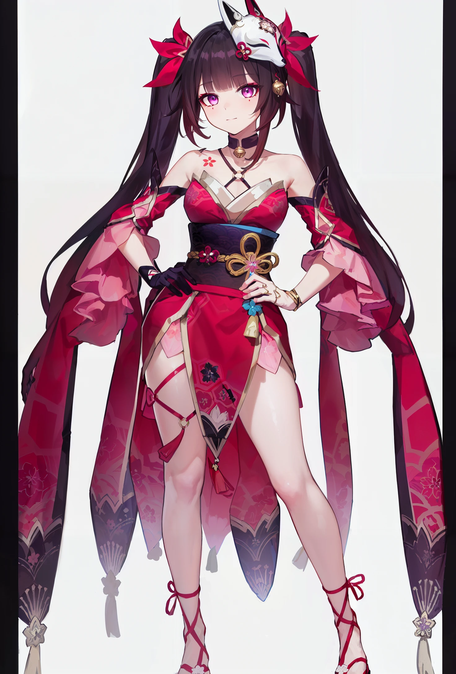8k, best quality, masterpiece, (ultra-detailed:1.1), (high detailed skin),
(full body:1.3), white background, standing, looking at viewer, (solo:1.4), hand on hip,
<lora:huahuo-v100-000029:0.8:lbw=OUTALL>, huahuo, 1girl, single_glove, mask on head,  sash, black hair, twintails, purple eyes, obi, fox mask, single glove, japanese clothes, (Cherry blossom tattoo, chest tattoo:1.1),
(white background, simple background:1.6),
(beautiful_face), ((intricate_detail)), clear face,
((finely_detailed)), fine_fabric_emphasis,
((glossy)), full_shot,