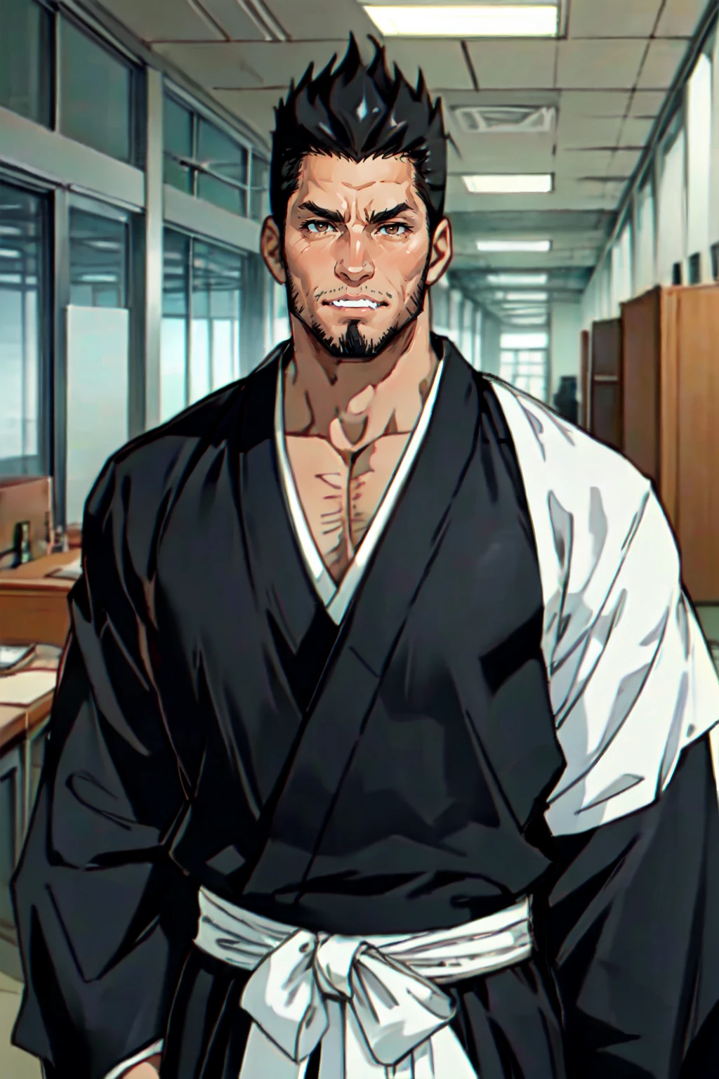 1boy,  solo,  Isshin Kurosaki,  BLEACH,  anime,  tall,  muscular man, (black hair),  brown eyes,  thin stubble around mouth and on cheeks,  40 years old,  mature,  pure black male Kimono,  black Hakama,  white Kimono belt,  manly,  masculine,  handsome,  charming,  alluring,  office,  (standing),  (upper body in frame),  perfect light,  perfect anatomy,  perfect proportions,  perfect perspective,  8k,  HQ,   (best quality:1.2,  masterpiece:1.2,  madly detailed),  perfect face,  front view,  portrait, <lora:EMS-267367-EMS:0.6>, <lora:EMS-498-EMS:0.3>