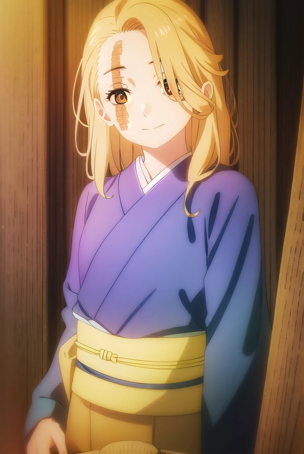 jigokuyui, <lora:jigoku yui s1-lora-nochekaiser:1>,
yui, long hair, blonde hair, (brown eyes:1.5), scar, scar on face, smile,
BREAK long sleeves, japanese clothes, kimono, sash, obi, grey kimono,
BREAK indoors,
BREAK looking at viewer, (cowboy shot:1.5),
BREAK <lyco:GoodHands-beta2:1>, (masterpiece:1.2), best quality, high resolution, unity 8k wallpaper, (illustration:0.8), (beautiful detailed eyes:1.6), extremely detailed face, perfect lighting, extremely detailed CG, (perfect hands, perfect anatomy),