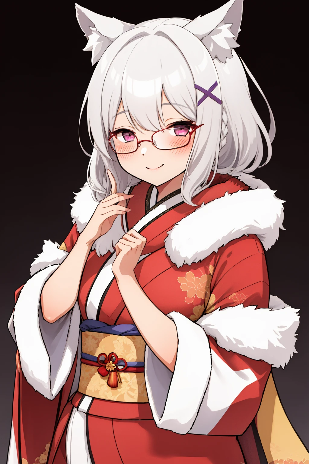 1girl, white hair, solo, looking at viewer, blush, smile, bangs, animal ears, purple eyes, braid, animal ear fluff, x hair ornament, red fur-trimmed kimono, fur scarf, fur trim, cowboy shot, glasses <lora:Jirooo:0.8>