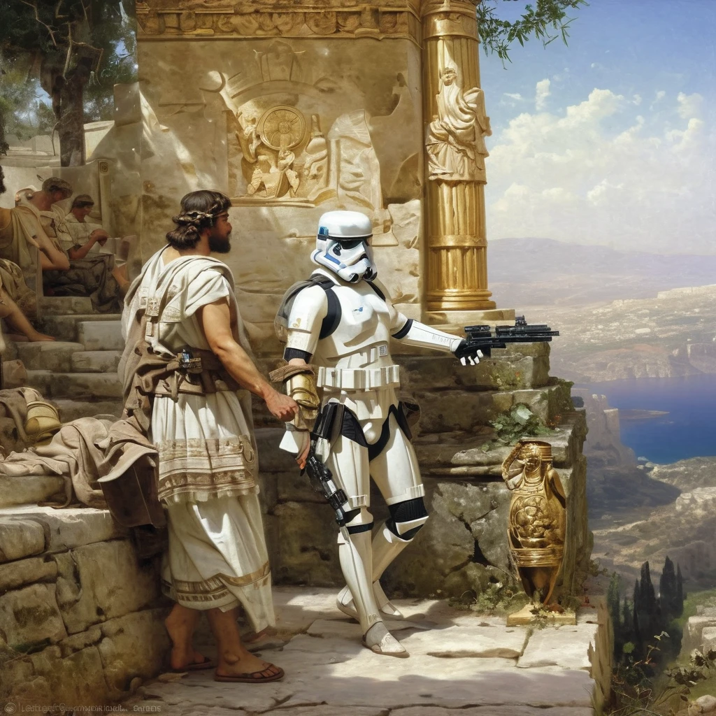 Painting of star wars detailed stormtrooper in ancient Greece, style of ancient acadamic mythological by Henryk Siemiradzki <lora:Acdemical_paintings_of_Henryk_Siemiradzki:1>