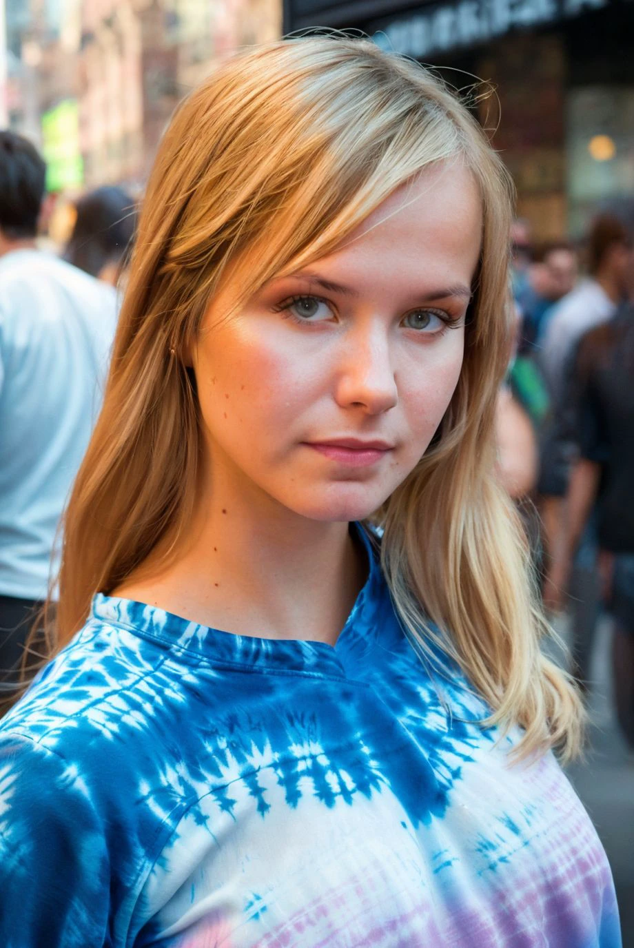 A full color portrait of a beautiful woman wearing a tie-dye tunic with leggings,on a crowded street in New York during rush hour,closeup, epic character composition,by ilya kuvshinov, alessio albi, nina masic,sharp focus, subsurface scattering, f2, 35mm, film grain ,blonde <lora:bellaba:1>