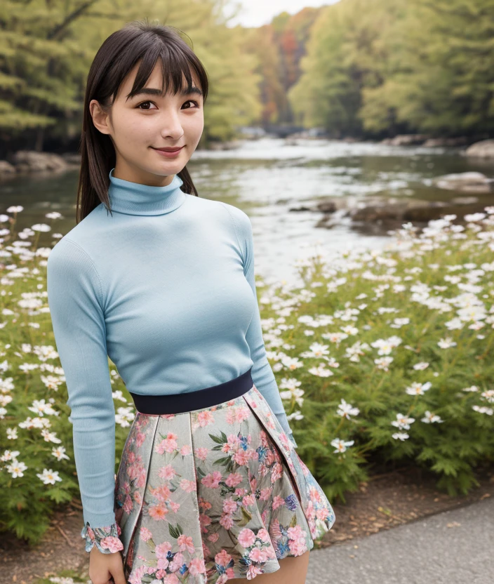 <m1sk0>, woman, nature asian, upper body, Flowering, intricate, skirt, (Japanese dress, turtleneck), close portrait photo, smile