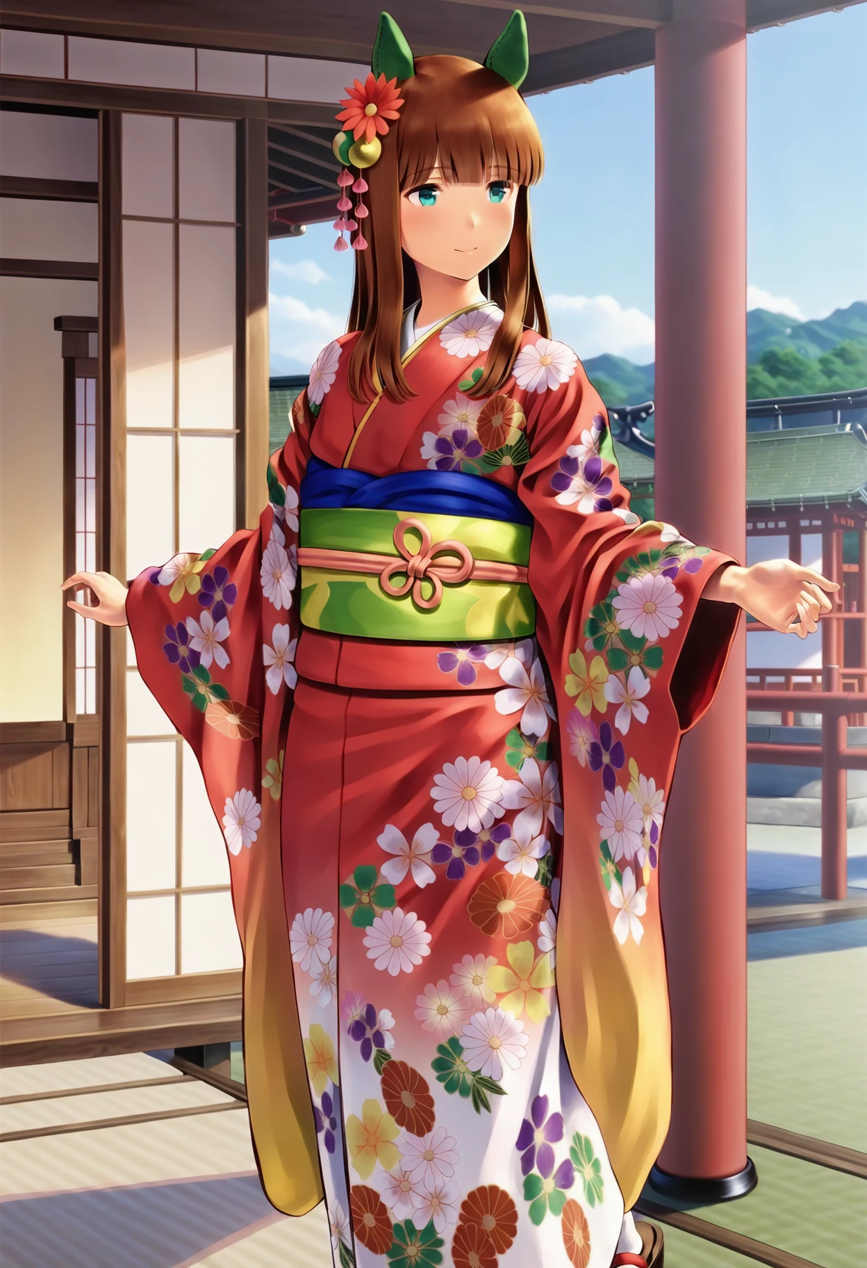 1girl, silence suzuka \(umamusume\), umamusume, wa \(genryusui\), facing to the side, blue sky, sunlight, spread arms, cowboy shot, blush, light smile, hair down, standing on one leg, white sock, footwear, red kimono, obi, yellow bow, (hair flower), hair ornament, floral print, print kimono, furisode, long sleeves, wide sleeves, aqua eyes, natural lighting, (masterpiece, best quality:1.22), detailed scenery, (3d render:0.5), very detailed, finely detailed, <lora:akagi_ny_animaginexl_2-10:0.8>