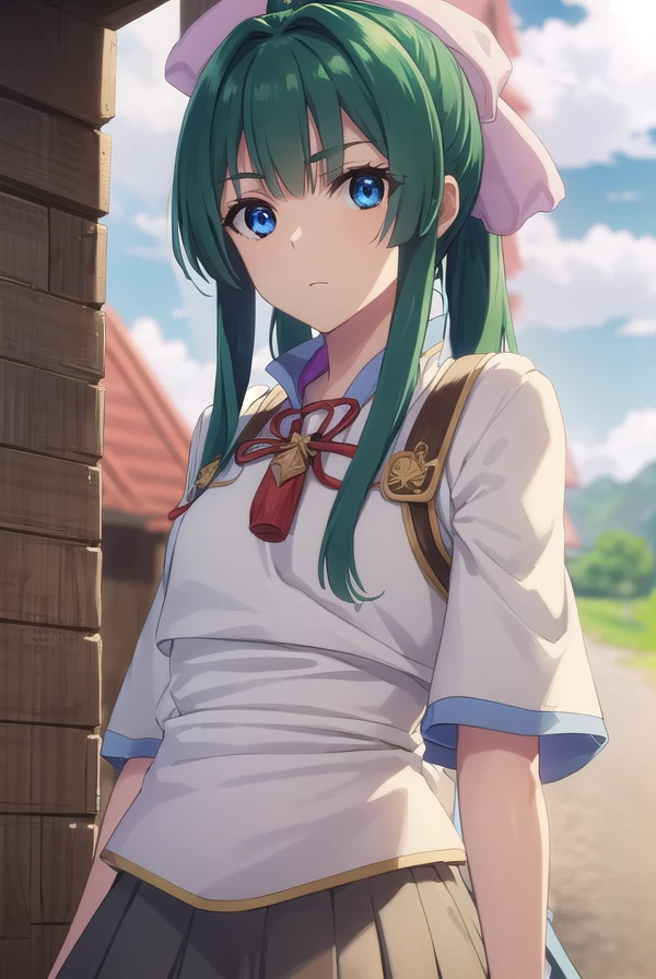 yomogiemarl, <lora:yomogi emarl s2-lora-nochekaiser:1>,
yomogi emarl, long hair, bangs, blue eyes, hair ornament, bow, hair bow, ponytail, green hair, hair intakes,
BREAK skirt, japanese clothes, hakama, hakama skirt,
BREAK outdoors, forest, nature, sky, sun, clouds,
BREAK looking at viewer, (cowboy shot:1.5),
BREAK <lyco:GoodHands-beta2:1>, (masterpiece:1.2), best quality, high resolution, unity 8k wallpaper, (illustration:0.8), (beautiful detailed eyes:1.6), extremely detailed face, perfect lighting, extremely detailed CG, (perfect hands, perfect anatomy),