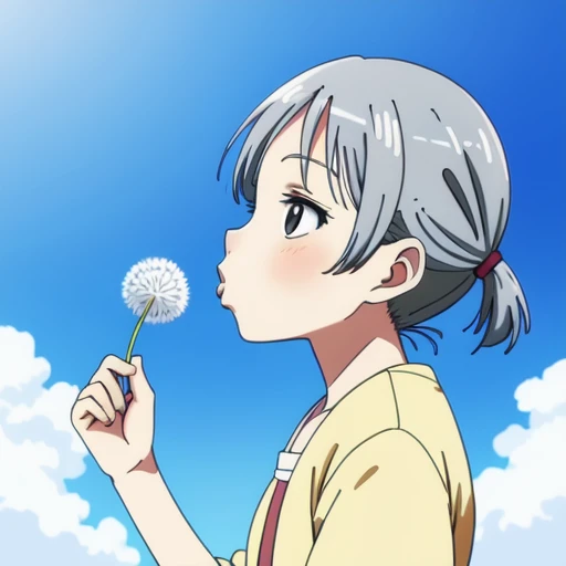 <lora:dandelion_seed_v2:0.5>, dandelion seed, 1girl ,blow, from side, old woman, holding, sky, anime_coloring