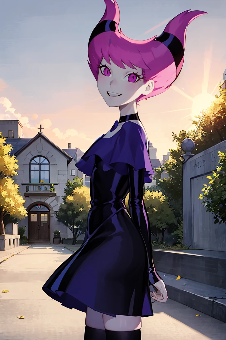 ((masterpiece,best quality)), absurdres, <lora:Jinx_TeenTitans:0.8>, Jinx_TeenTitans, 1girl, solo, pink eyes, pink hair, grey skin, hair up, pale skin, medium hair, hair horns, solo, smiling, looking at viewer, cowboy shot, white sundress, sun hat, flowing winds, sunny, outdoors,