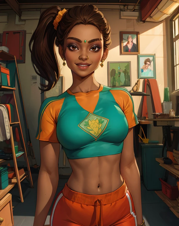 Rampart,forehead jewel,nose piercing,side ponytail,brown hair,brown eyes,
solo,standing,smiling,upper body,navel,
green crop top,orange pants,
tool shop,indoors,
(insanely detailed, beautiful detailed face, masterpiece, best quality),<lora:Rampart-10APLv8:0.8>,