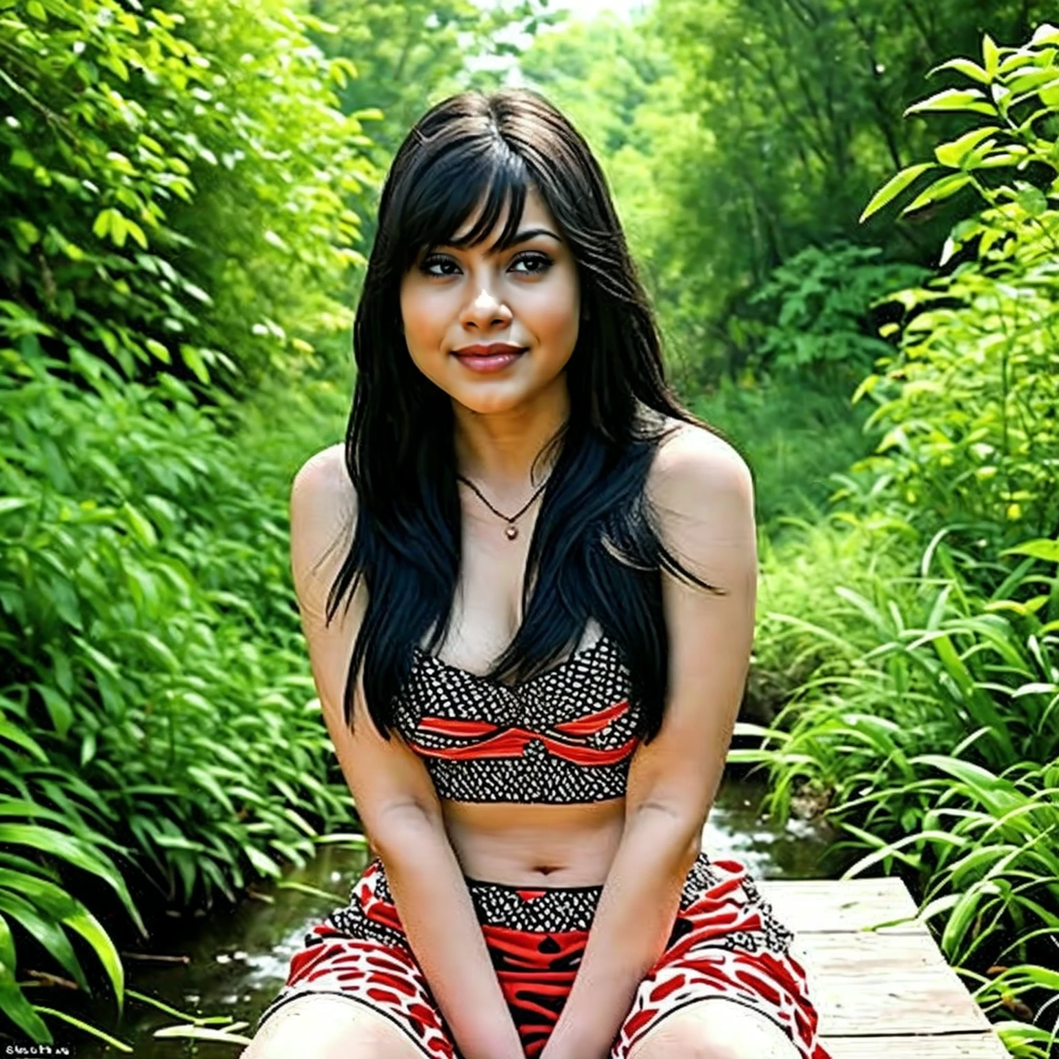 <lora:NativeBrazilianSD-000021:.85> Native Brazilian, 1girl, jewelry, long hair, headdress, navel, feathers, black hair, lips, medium breasts, brown eyes, necklace, dark-skinned female, earrings, bracelet, dark skin, underboob, armlet, looking at viewer, watermark, bikini, midriff, realistic, tribal, blue background, swimsuit, nose, native american, web address, cowboy shot