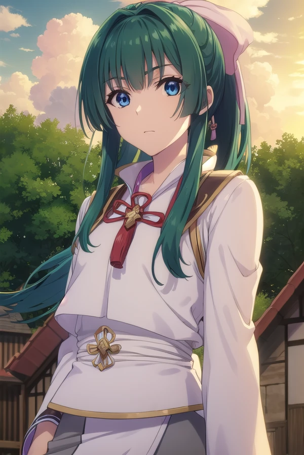 yomogiemarl, <lora:yomogi emarl s2-lora-nochekaiser:1>,
yomogi emarl, long hair, bangs, blue eyes, hair ornament, bow, hair bow, ponytail, green hair, hair intakes,
BREAK skirt, japanese clothes, hakama, hakama skirt,
BREAK outdoors, forest, nature, sky, sun, clouds,
BREAK looking at viewer, (cowboy shot:1.5),
BREAK <lyco:GoodHands-beta2:1>, (masterpiece:1.2), best quality, high resolution, unity 8k wallpaper, (illustration:0.8), (beautiful detailed eyes:1.6), extremely detailed face, perfect lighting, extremely detailed CG, (perfect hands, perfect anatomy),