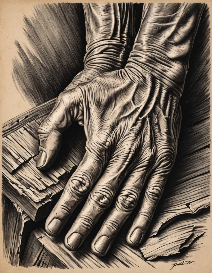 charcoal sketch unravels the story of a carpenter's life etched into the very fabric of his right hand. Time's passage is revealed in the deep-set lines, crow's feet fanning out from the corners of his eyes, and the rough, weathered texture of his skin. Scars, reminders of past struggles and triumphs, pepper the landscape of his palm and knuckles. Age spots accumulate on his fingertips, marking decades of labor and commitment to his craft. The stark contrast of graphite and paper gives depth and volume to the aged skin, capturing the essence of a lifetime devoted to woodworking and construction.