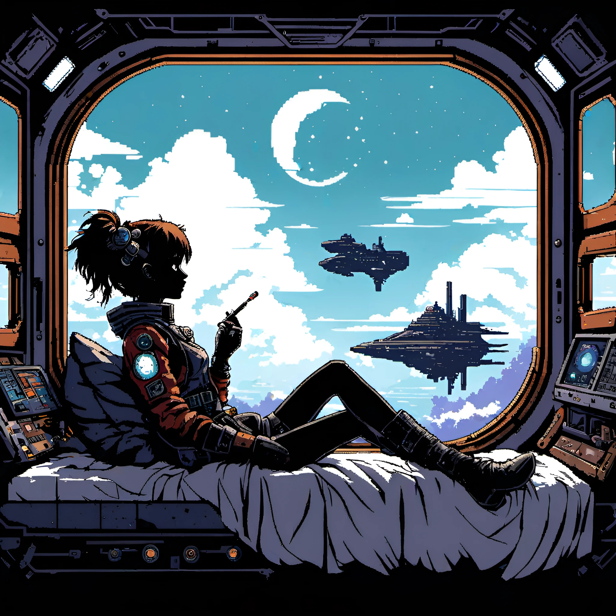 high quality pixel art, a pixel art silhouette of an anime space-themed
girl in a space-punk steampunk style, lying in her bed by the window of a
spaceship, smoking, with a rustic feel. The image should embody epic
portraiture and double exposure, featuring an isolated landscape visible
through the window. The colors should primarily be dynamic and
action-packed, with a strong use of negative space. The entire artwork
should be in pixel art style, emphasizing the characters shape and set
against a white background. Silhouette