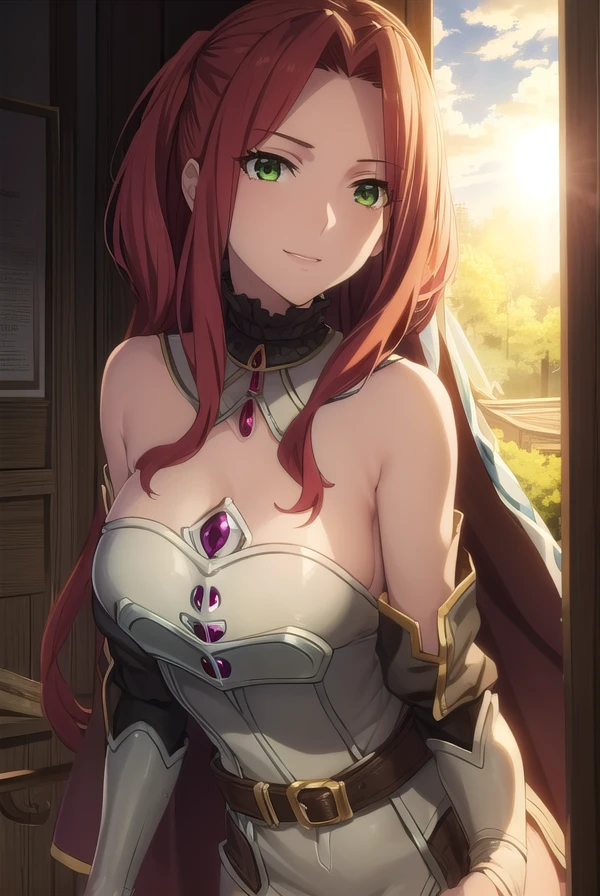 maltymelromarc, <lora:malty melromarc s1s2s3-lora-nochekaiser:1>,
malty melromarc, long hair, (green eyes:1.3), red hair, (parted bangs:1.5), ponytail, smile, grin,
BREAK bare shoulders, belt, cape, armor, breastplate,
BREAK outdoors, forest, nature, sky, sun, clouds,
BREAK looking at viewer, (cowboy shot:1.5),
BREAK <lyco:GoodHands-beta2:1>, (masterpiece:1.2), best quality, high resolution, unity 8k wallpaper, (illustration:0.8), (beautiful detailed eyes:1.6), extremely detailed face, perfect lighting, extremely detailed CG, (perfect hands, perfect anatomy),