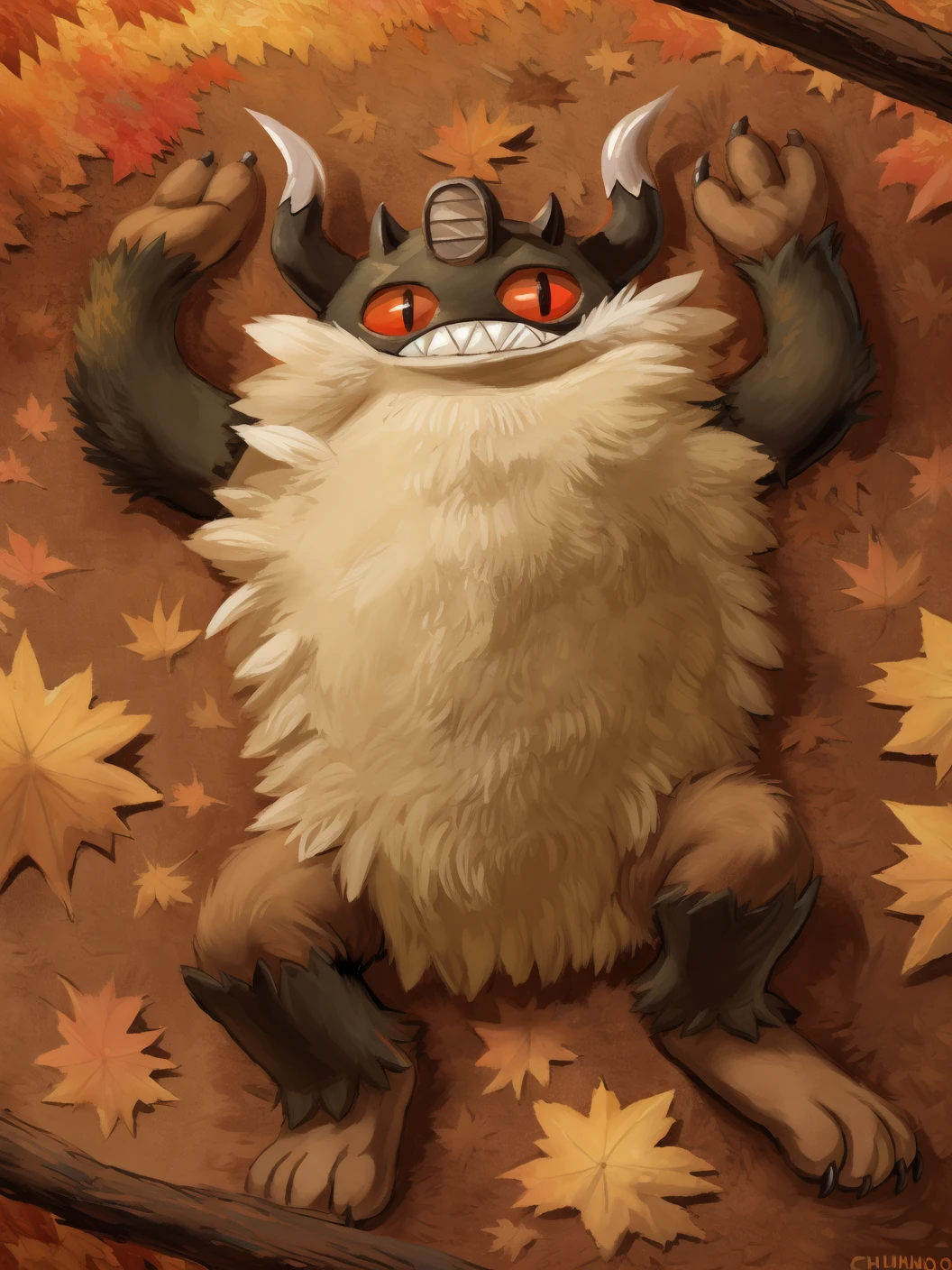 by tohfu,digital painting,extreme detail,by chunie,by kenket,by mindkog, (feral perrserker) is sleeping peacefully in a forest, lying, red sclera, bird's-eye view, autumn, flower
<lora:Perr-23:0.95>