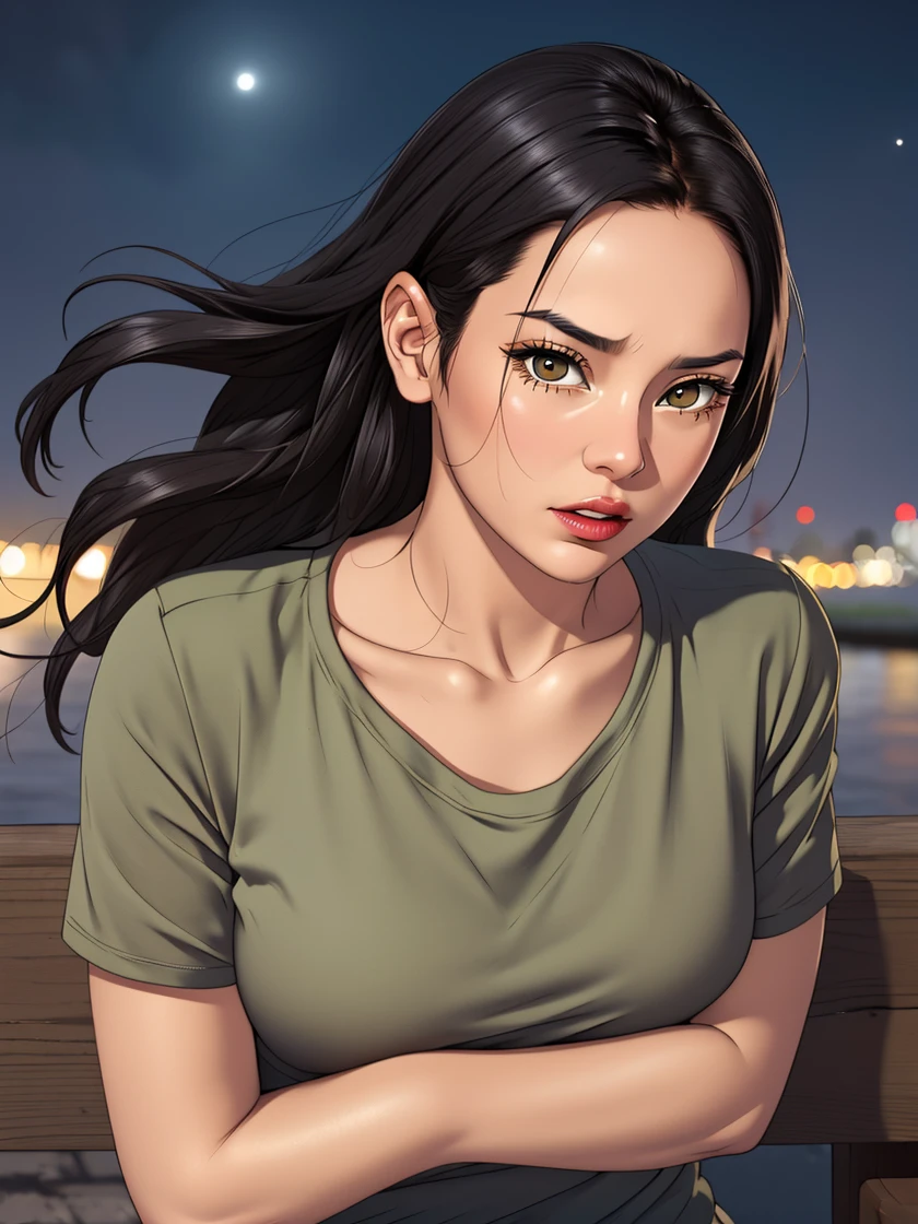 Ami_octo_v2.0, 1girl, mature female, black hair, flowing hair, best quality, masterpiece, ultra-detailed, high quality, 
close mouth, looking at viewer, green clothing, black long skirt, see through, large breasts, large ass, nipple, curvy body, cleavage, close shot, POV, from the front,