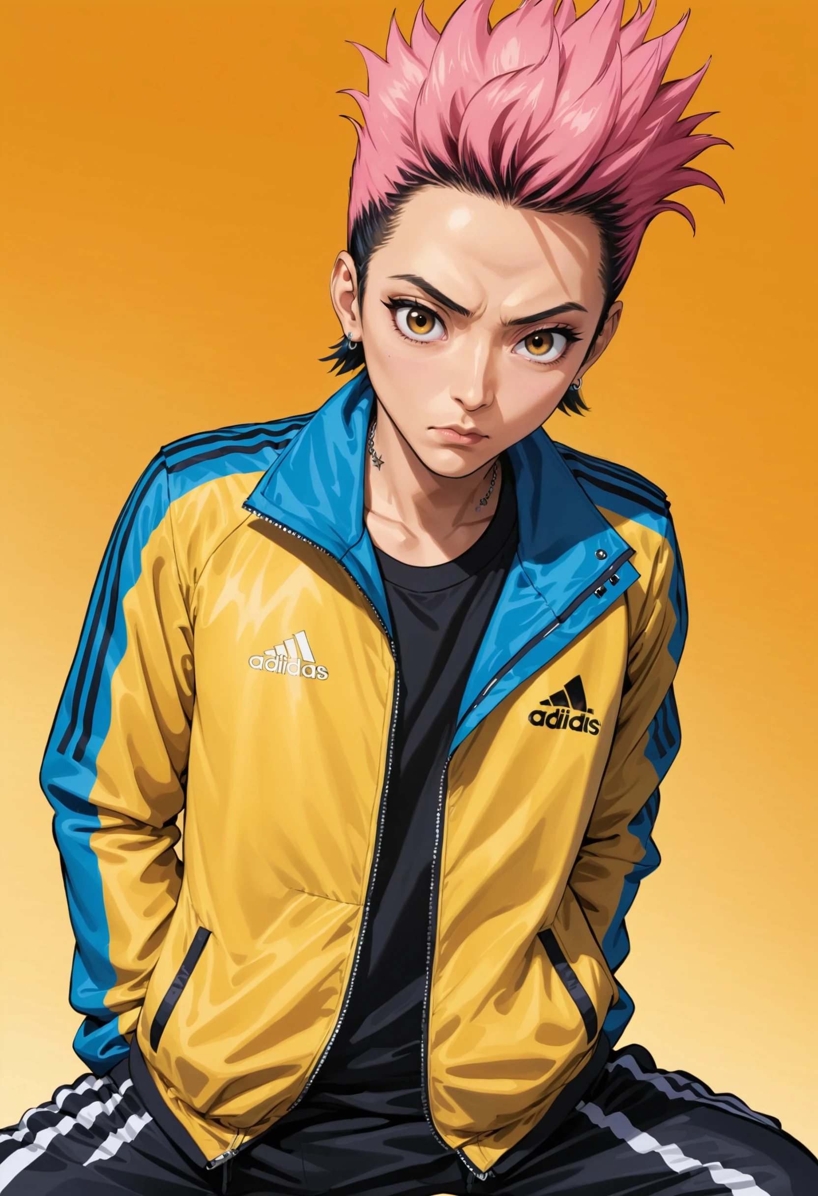 Hideto Matsumoto, masterpiece, official art, a man with pink and black faux hawk, blue and yellow striped adidas windbreaker jacket, gradient yellow and orange background, rock star magazine illustration, <lora:hide_SDXL:0.4>