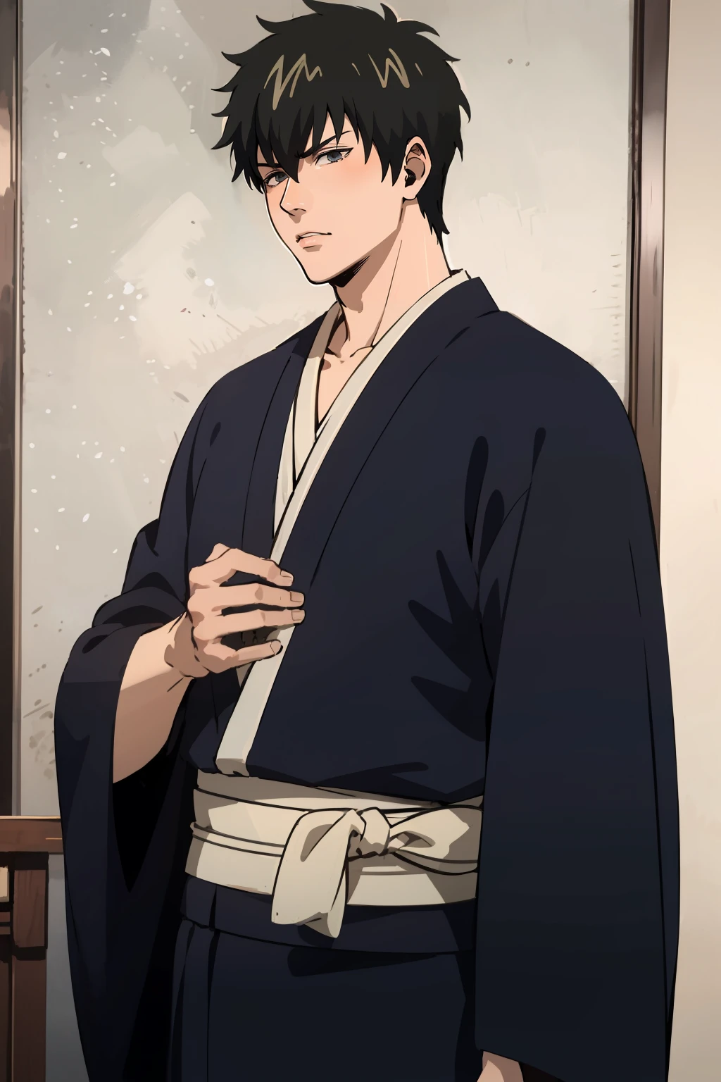 masterpiece,high quality,highres,solo,1boy,<lora:Hijikata-v4-wasabiya:1>,hijikata,male focus,grey eyes,black kimono,sash,black hair,