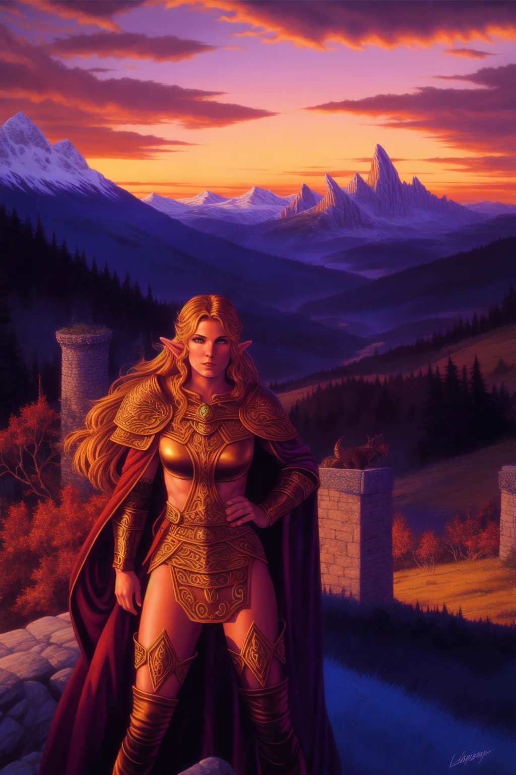 Elmore_Style fantasy illustrations  of a portrait, close up, female elf mage, skimpy , epic, cinematic, battle in background in the background epic mountain view sunset , landscape, open, epic, in distance, Fantasy masterpiece  by Larry Elmore ,  dragonlance , <lora:Elmore_Style-000013:0.7>