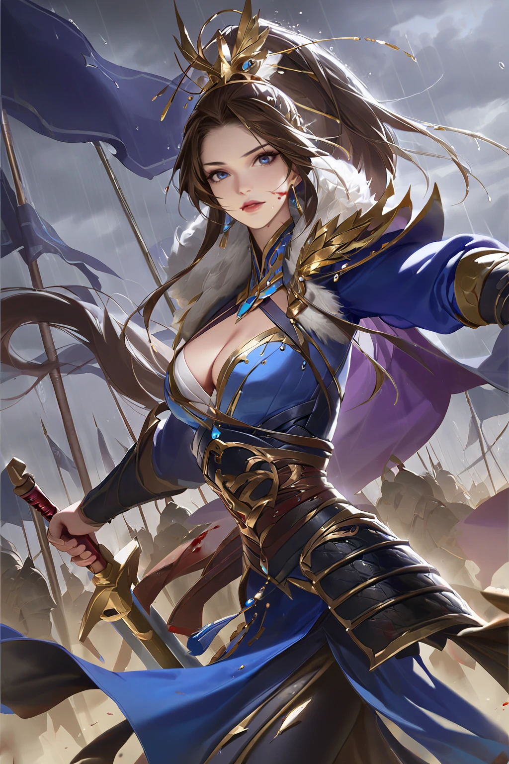 [artist:ciloranko],[[artist:ask(askzy)]],[[[[artist:modare]]]],masterpiece,best quality,simple background,
<lora:caoying-000004:1>,caoying,1girl,long hair,solo,ponytail,blue dress,blue eyes,hair ornament,cleavage,earrings,jewelry,clothing cutout,
mismatched_legwear,full_body,looking at viewer,
Glowing style,weapon,armor,sword,realistic,blood,rain,holding,everything else in any order,holding weapon,blood on clothes,glowing weapon,flag,holding sword,glowing,blood on weapon,outdoors,cloudy sky,lips,injury,hair between eyes,glowing sword,blood on face,