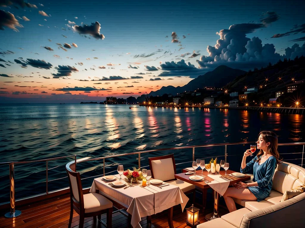 (1girl,  sitting in , yacht:1.3),  zoya , yacht
(beach,  waves,  spray,  harbor,  sightseeing,  nightview),  couch,  food,  wine glass,  flowers,  fruit,  candle,  table lamp,  heater,  sunset,<lora:EMS-179-EMS:0.200000>,<lora:EMS-265871-EMS:0.500000>,<lora:EMS-266925-EMS:0.800000>