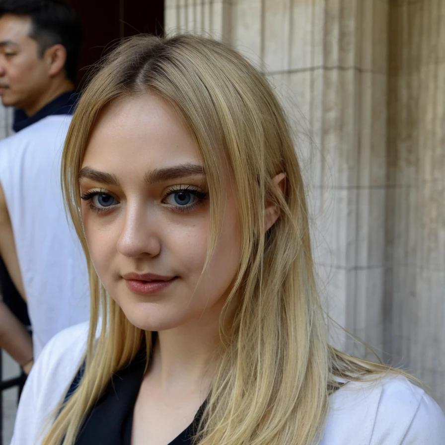 a beautiful picture of dak0ta, masterpiece, blonde hair, photorealistic, 1girl, 4k, HDR, backlighting, light, RAW color photo, (fully in frame:1.1), blue eyes, detailed skin texture, (blush:0.5), (goosebumps:0.5) ,wearing uniform <lora:dak0ta:1>