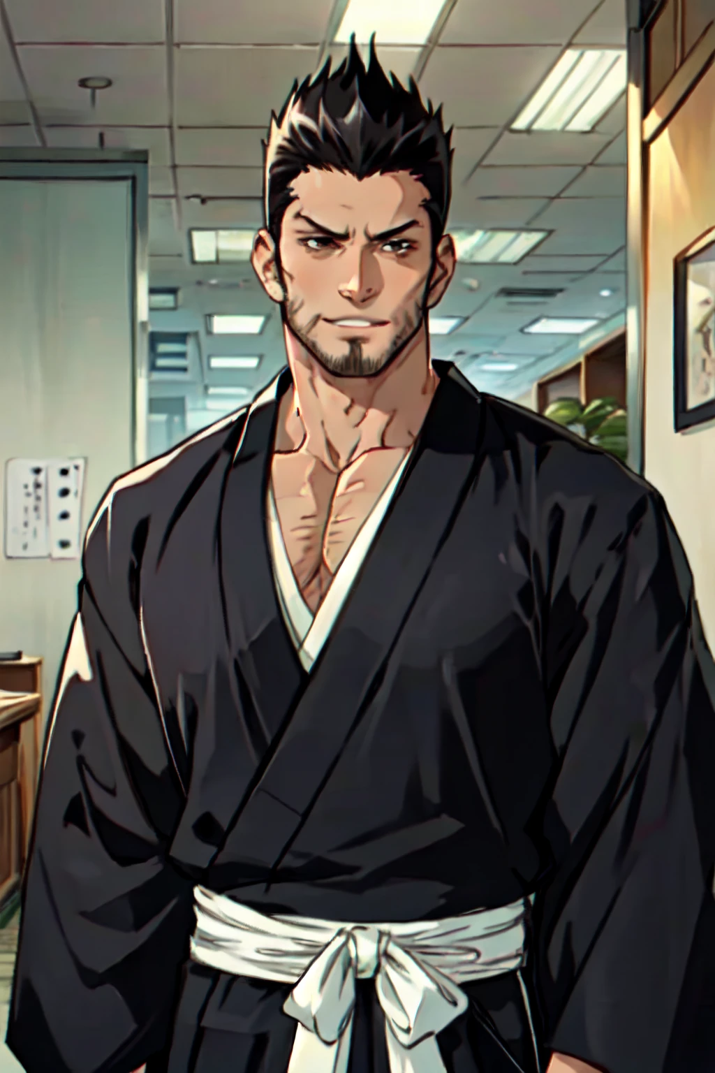 1boy,  solo,  Isshin Kurosaki,  BLEACH,  anime,  tall,  muscular man, (black hair),  brown eyes,  thin stubble around mouth and on cheeks,  40 years old,  mature,  pure black male Kimono,  black Hakama,  white Kimono belt,  manly,  masculine,  handsome,  charming,  alluring,  office,  (standing),  (upper body in frame),  perfect light,  perfect anatomy,  perfect proportions,  perfect perspective,  8k,  HQ,  (best quality:1.2,  masterpiece:1.2,  madly detailed),  perfect face,  front view,  portrait,<lora:EMS-267367-EMS:0.700000>,<lora:EMS-179-EMS:0.000000>